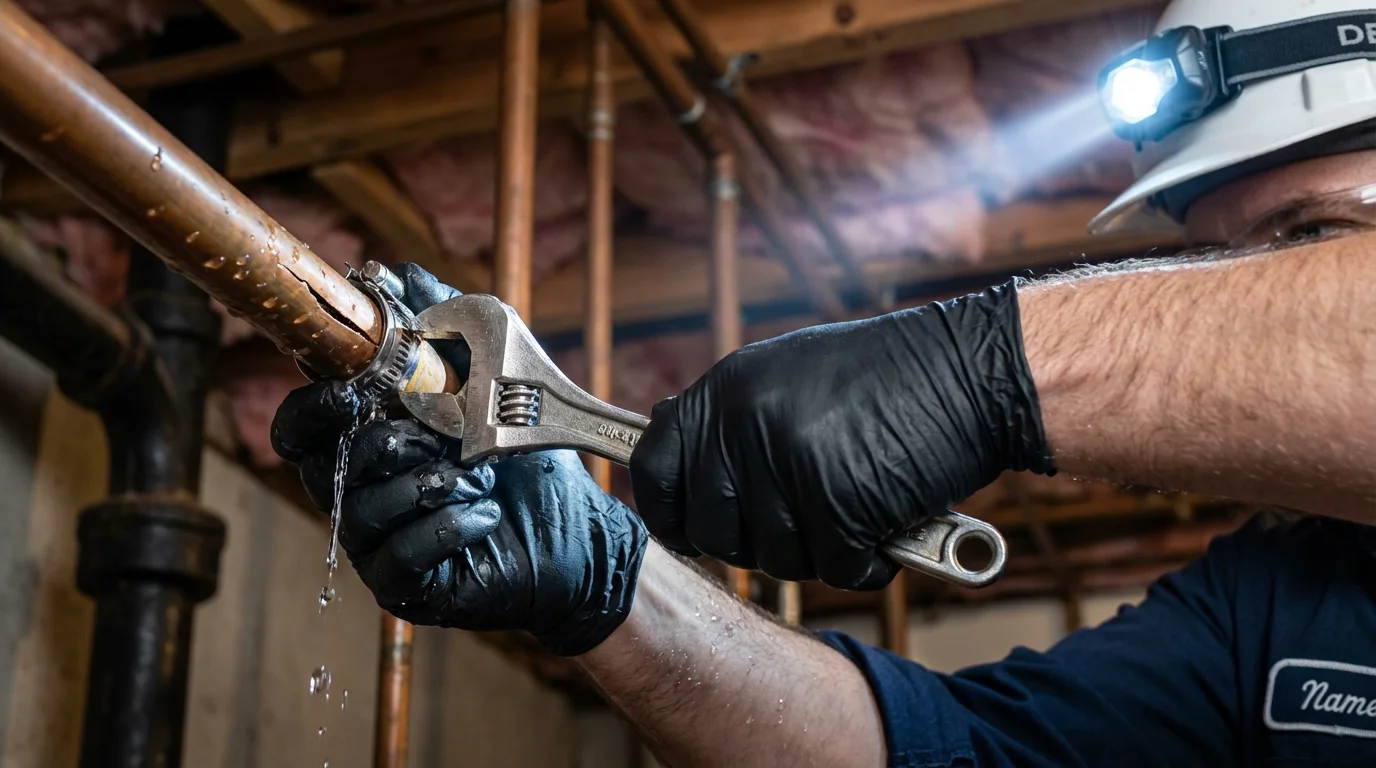 Emergency pipe clamp repair being performed by a Johns Plumbing LLC plumber in Wathena
