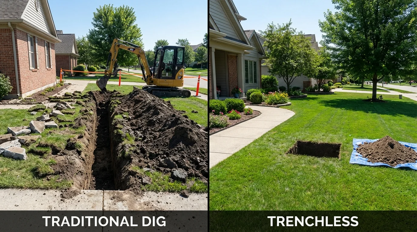 Trenchless sewer repair with minimal yard damage versus traditional excavation in Wathena, KS